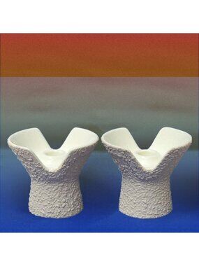 Vintage Royal Haeger R1775-S Candleholders Pair - MCM White & Gray Textured Cera